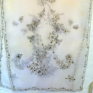 White VTG Scarf Gold Bronze Sequins Floral Print. All Rayon Hand Rolled‎ 42x16